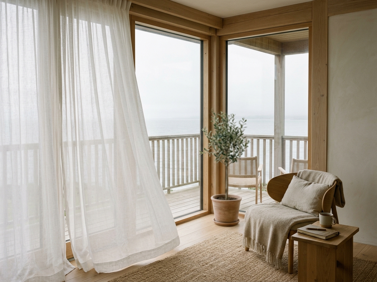 Airy coastal retreat space overlooking calm misty morning sea